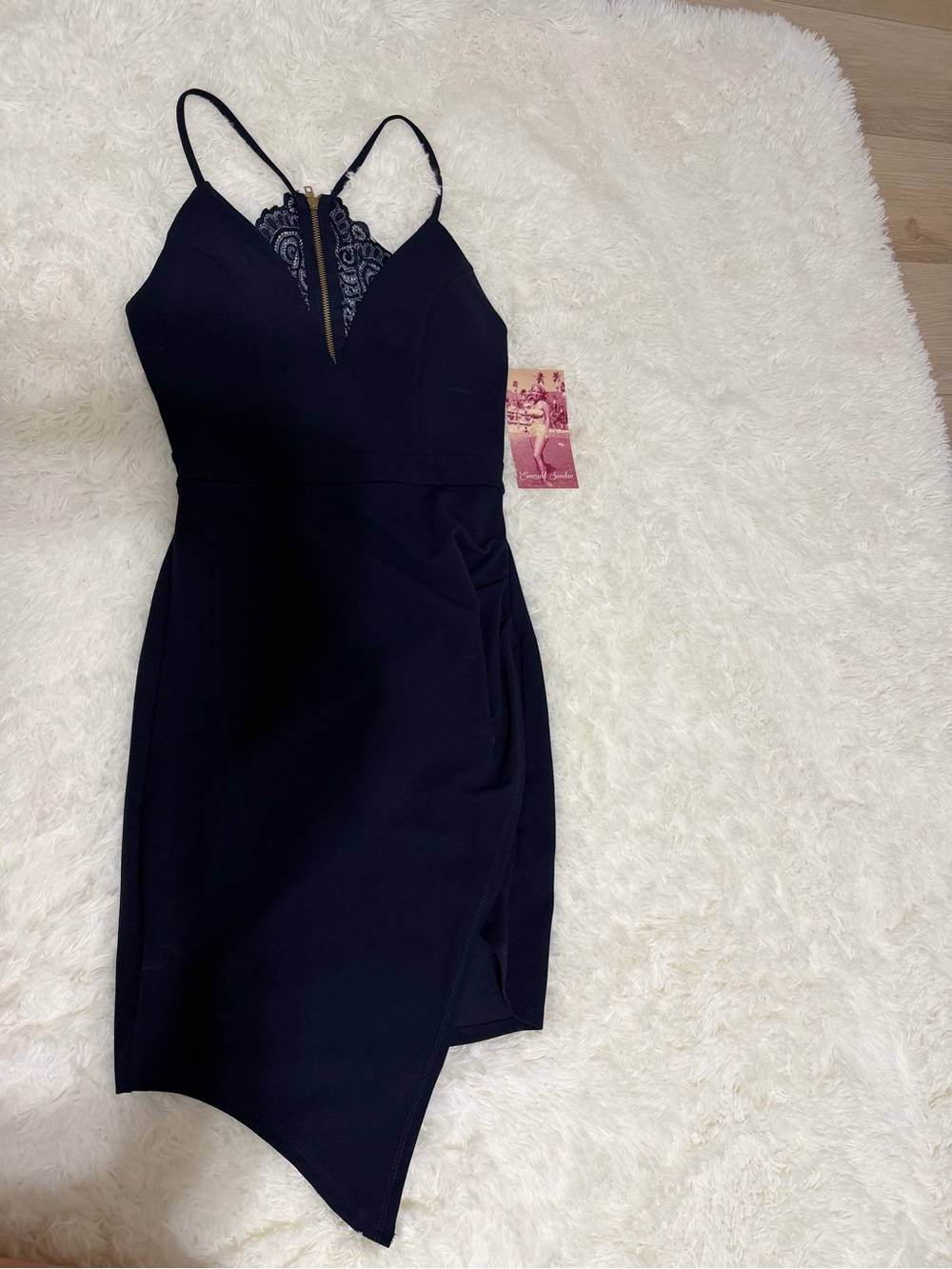 Navy Lace-Back Asymmetric Bodycon Dress